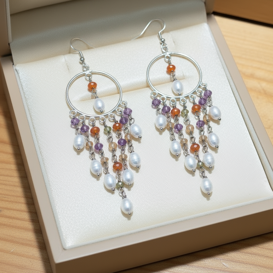 Long siver earrings with gemastones in a jewelry box