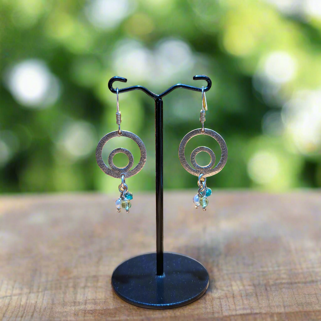 Two circles sterling silver handmade earrings with peridots, pearls and agates - Katerina Roukouna