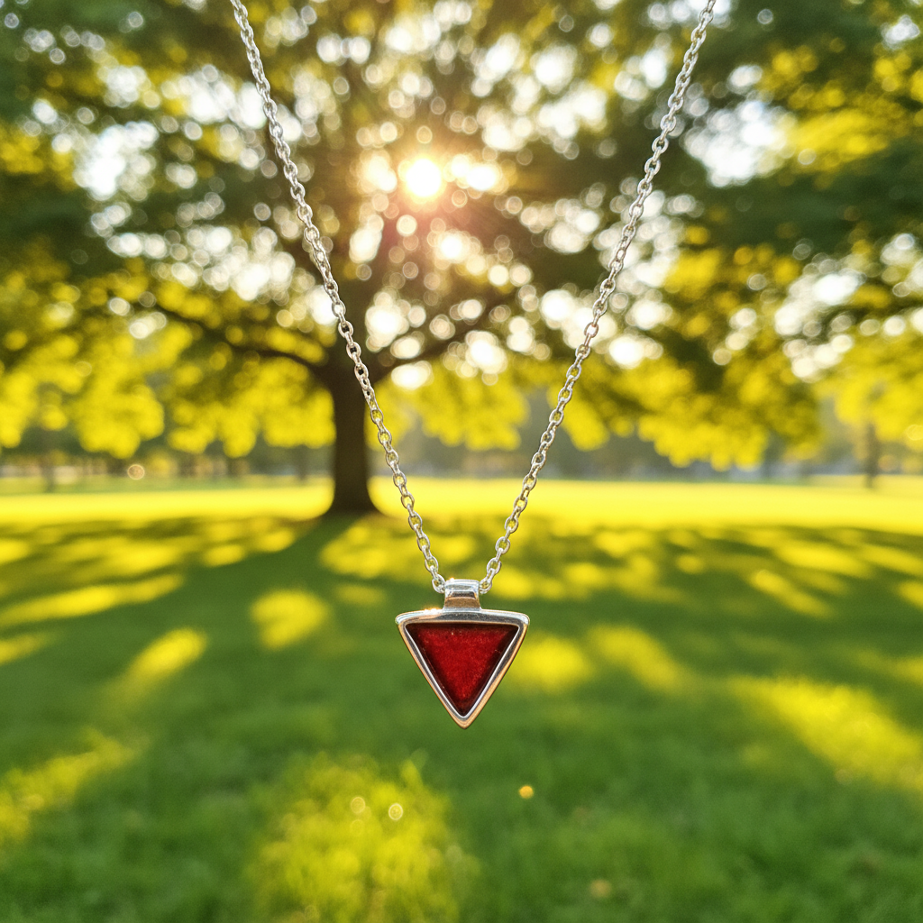 Triangle sterling silver pendant with red enamel