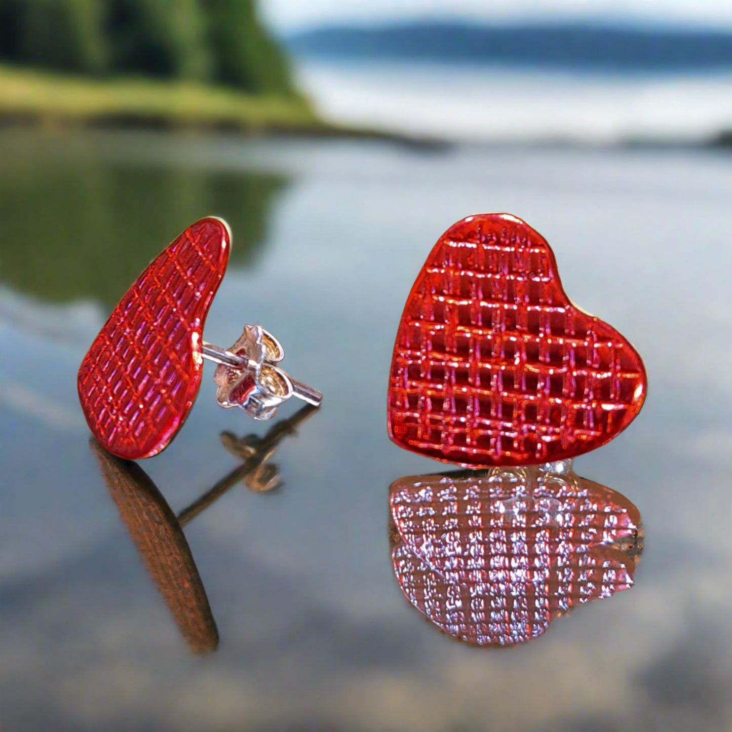 Sterling silver earrings- hearts- red enamel