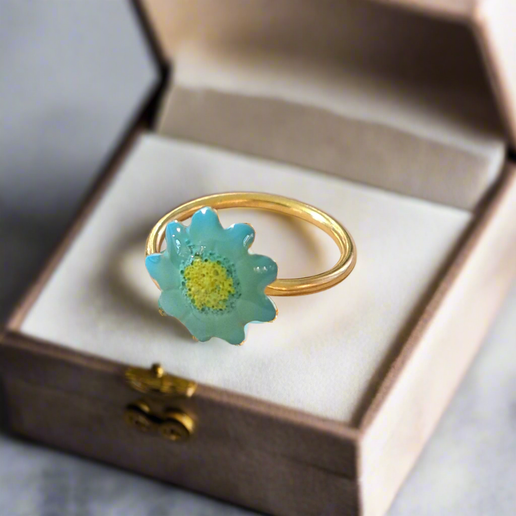 Turquoise flower gold plated sterling silver ring - Katerina Roukouna