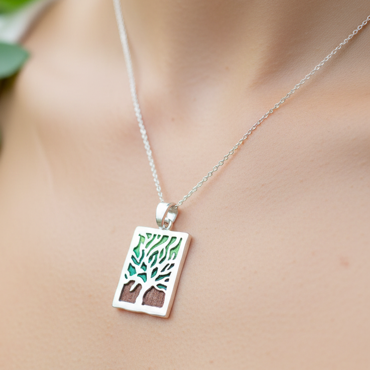 Tree of life, sterling silver necklace enamel painted