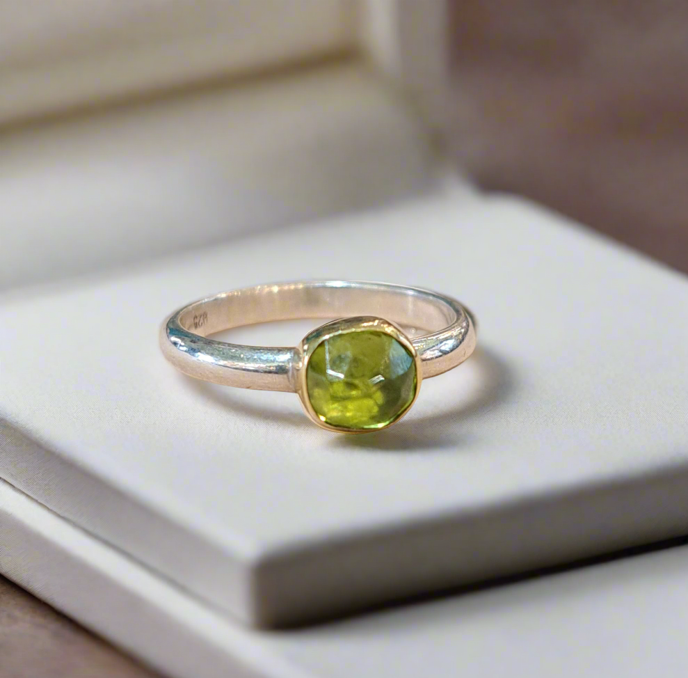 Handmade sterling silver and 18K gold ring with peridot