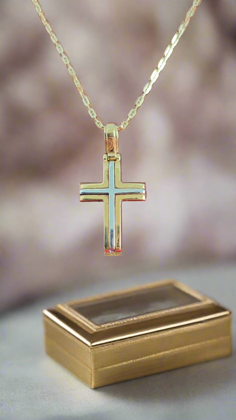 Handmade 18K Yellow and White Gold Cross