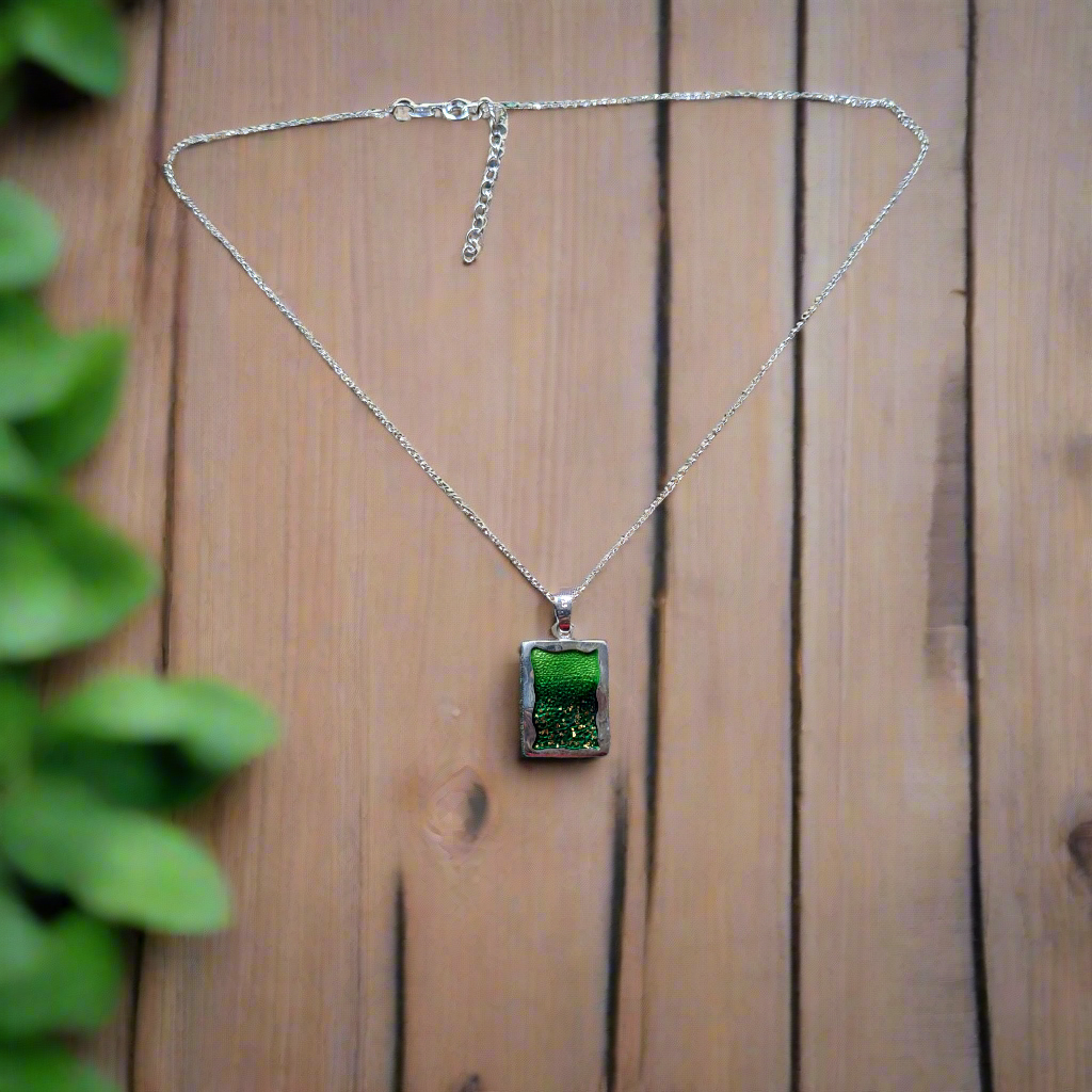 Sterling silver necklace painted with green enamel