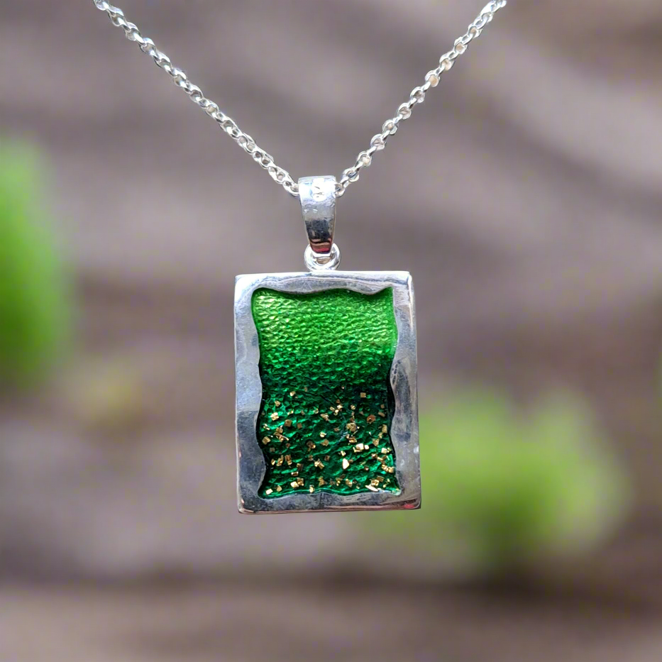 Sterling silver necklace painted with green enamel
