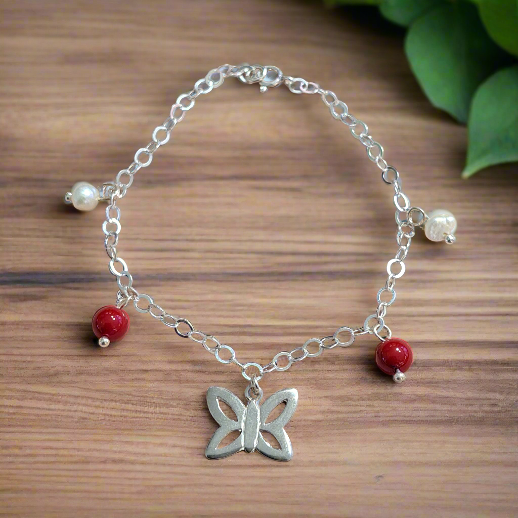 Butterfly sterling silver bracelet with pearls and corals - Katerina Roukouna