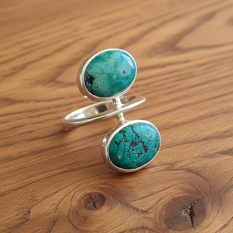 Handmade sterling silver ring with two turquoise gems