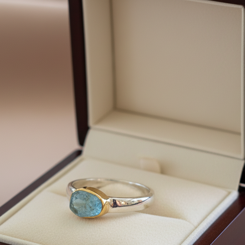 Handmade 18K and sterling silver ring with raw aquamarine