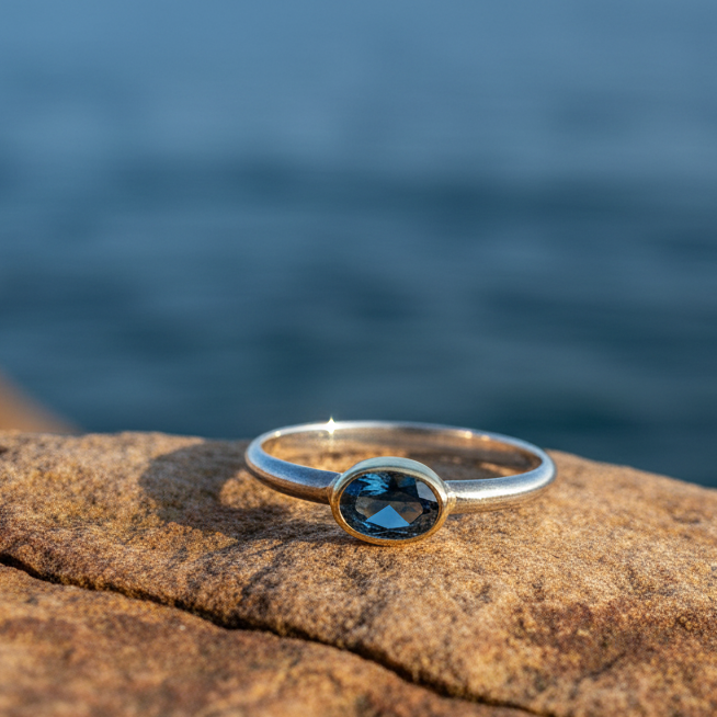Handmade 18K and sterling silver ring with oval blue topaz - Katerina Roukouna