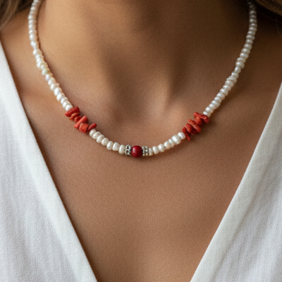 Handmade necklace with pearls and corals - Katerina Roukouna