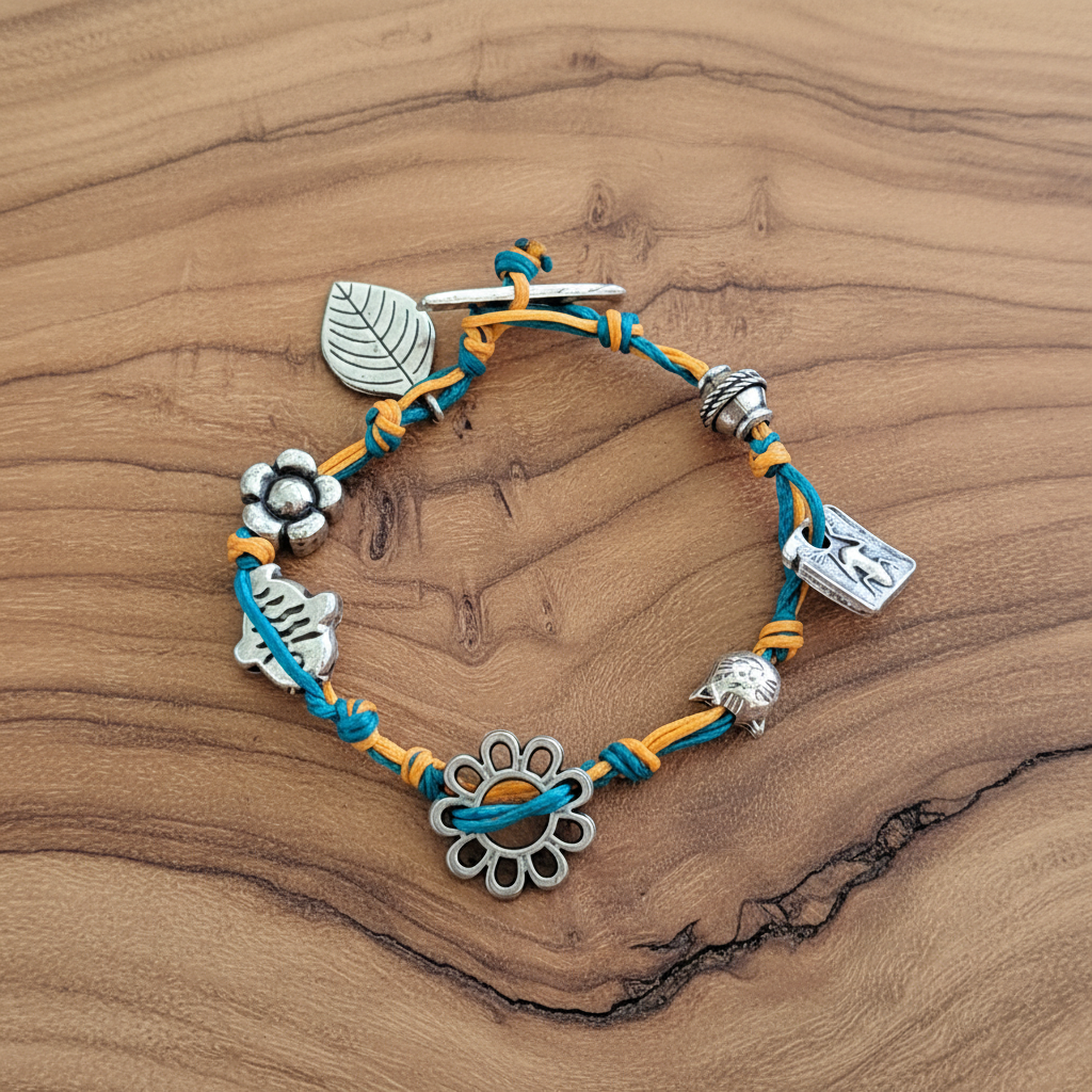 Handmade bracelet with orange and turquoise cords and elements. - Katerina Roukouna