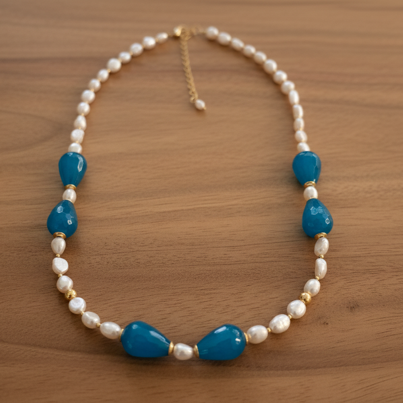 Handmade necklace with pearls,blue agates and goldpalted sterling silver elements