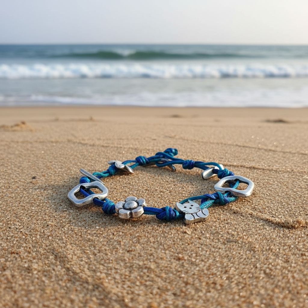 Handmade bracelet with blue cords a cut and a flower - Katerina Roukouna