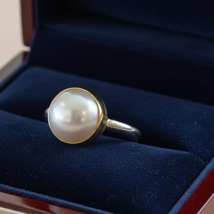 Handmade 18K gold and sterling silver ring with round pearl - Katerina Roukouna
