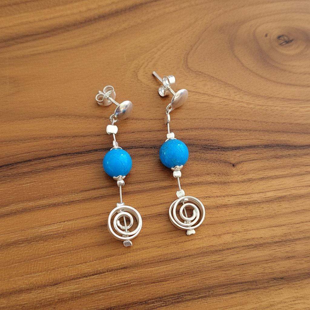 Handmade sterling silver earrings with spirals and turquoise - Katerina Roukouna