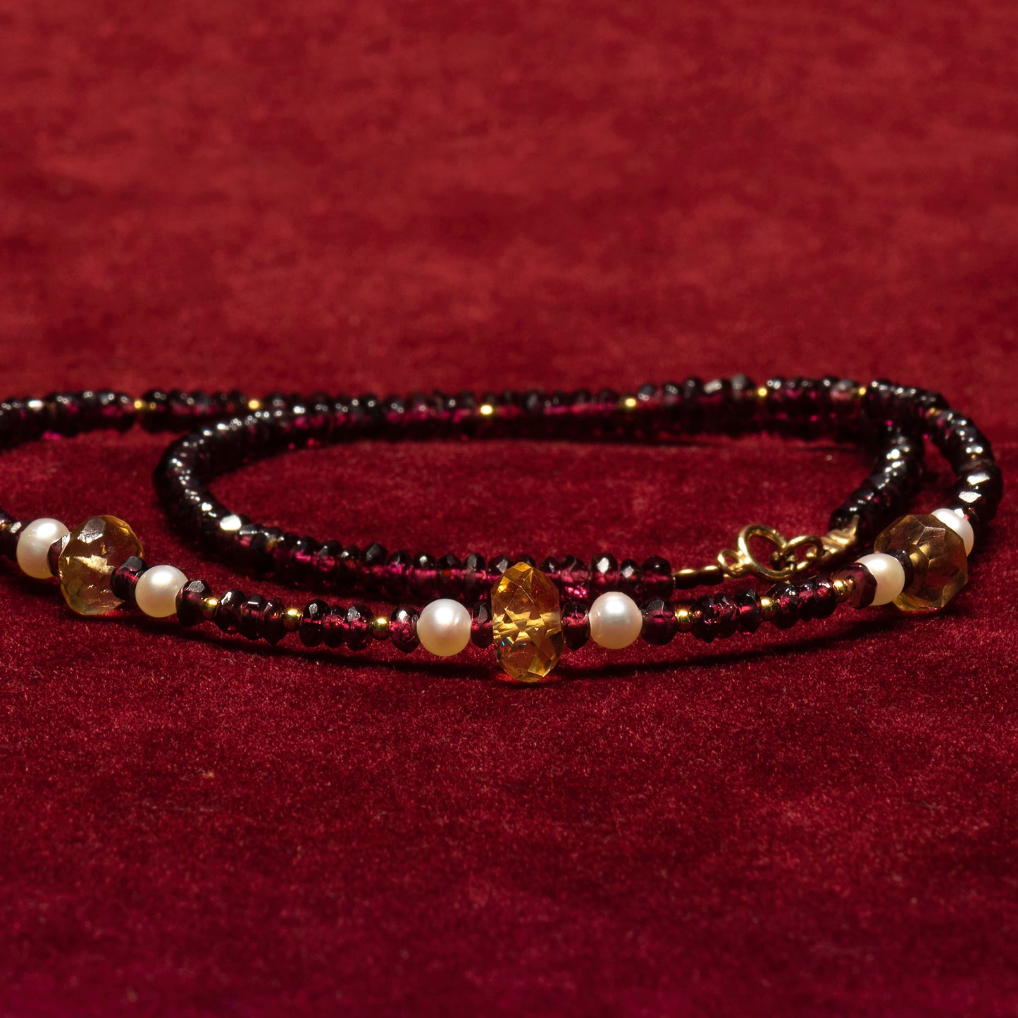 Garnets,citrines,pearls and 18K gold necklace.