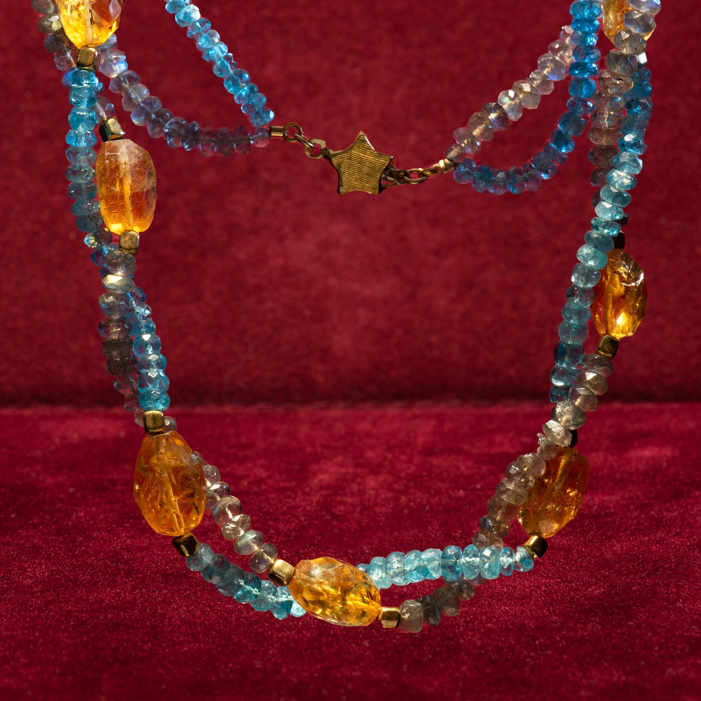 Apatites,labradorites,citrines and 18k gold necklace