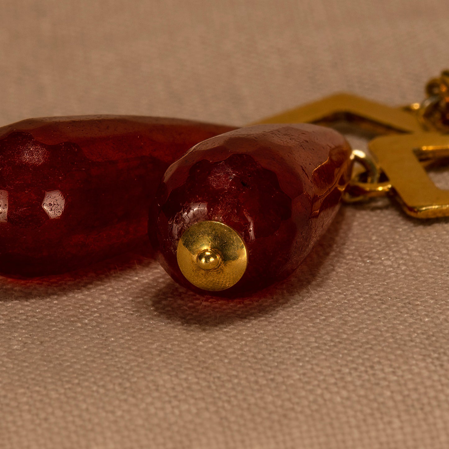 Square gold plated earrings with cornelians - Katerina Roukouna