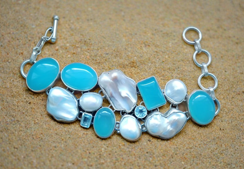 Blue agates,pearls and blue topaz handmade bracelet - Katerina Roukouna