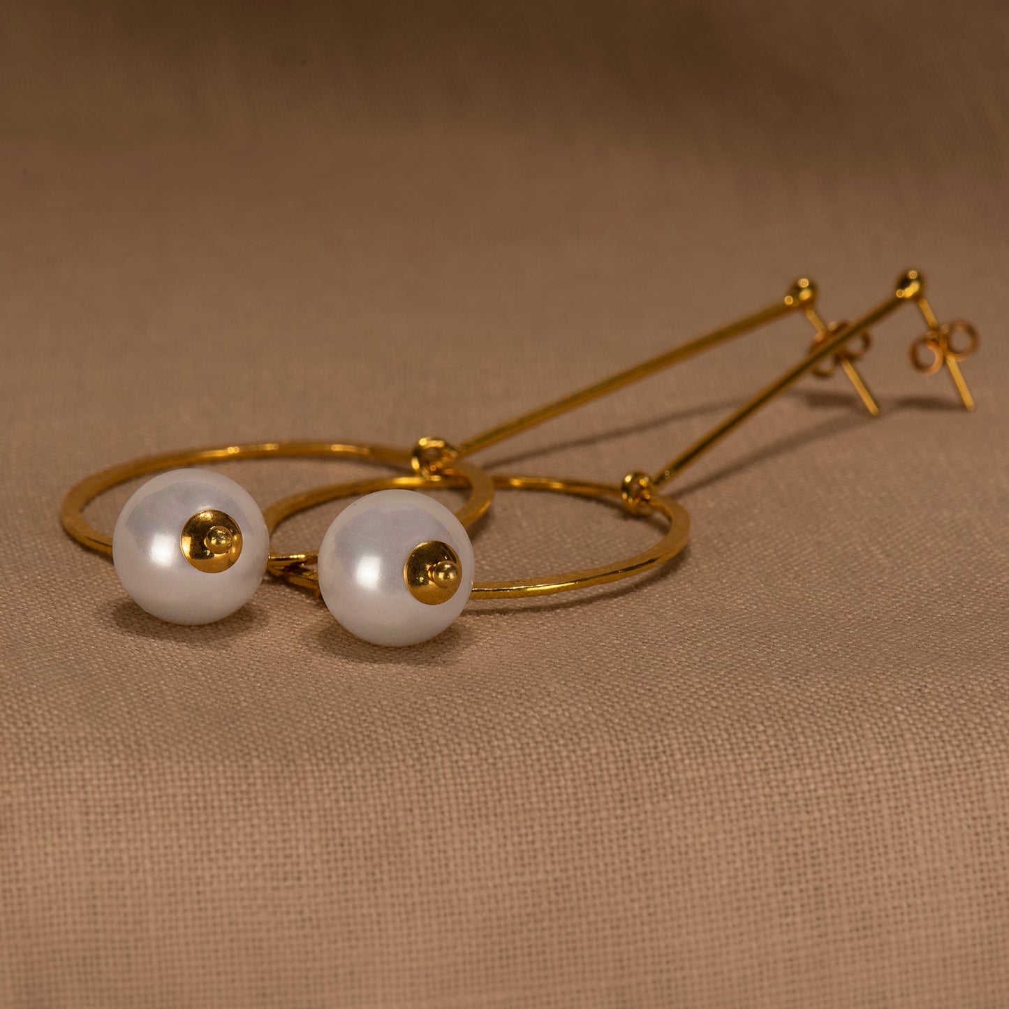 Gold plated round circles silver earrings with shellpearls - Katerina Roukouna