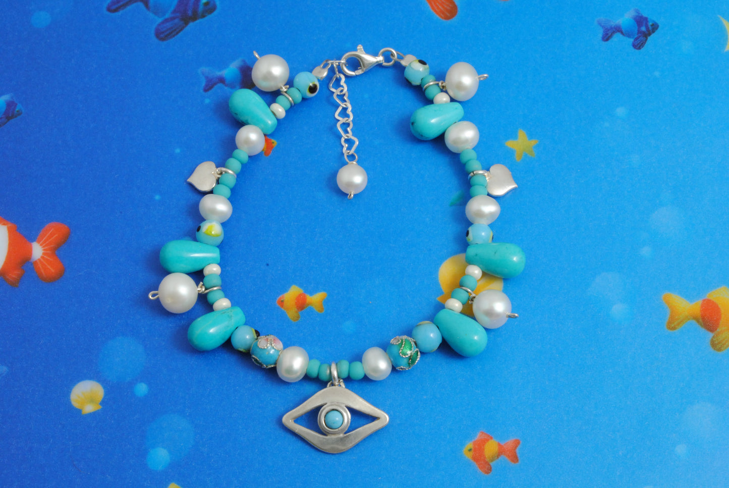 Evil eye ,turquoise and pearls bracelet. - Katerina Roukouna