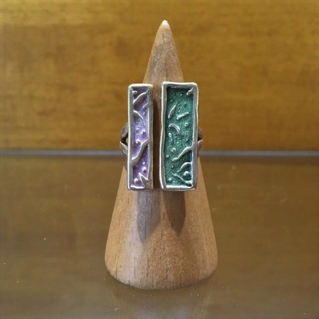 Gold plated sterling silver ring with green and purple enamel