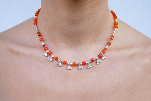 Carnelians, Pearls, and Silver Lilies Necklace 