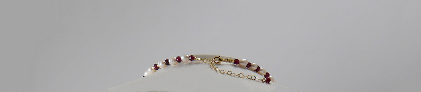 Pearls, Garnets, Mother of Pearl & Gold Plated Silver Necklace - Katerina Roukouna