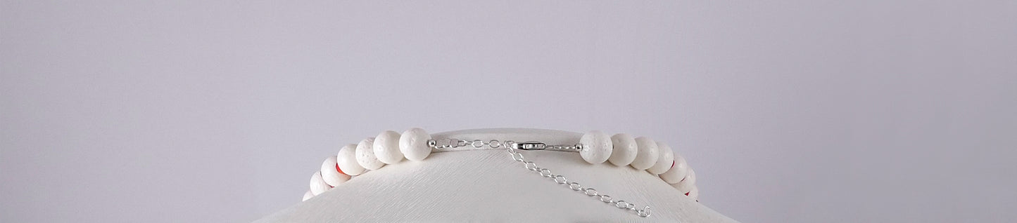 White & Red Corals w' Olive Jade and Sterling Silver Necklace - Katerina Roukouna