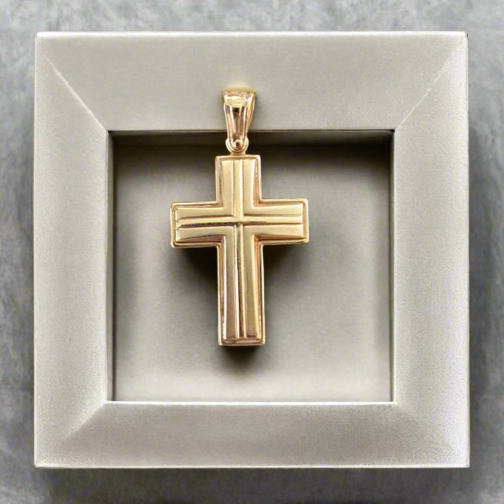 14K Yellow gold cross with matte surface in a box