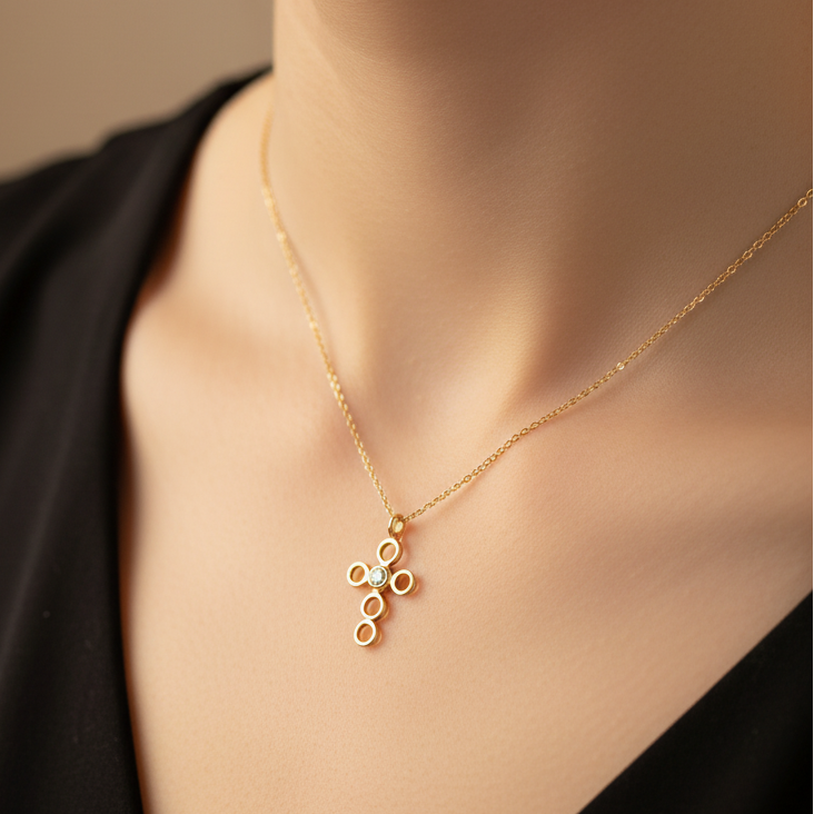 14K Gold tiny cross with zirkon (II) - Katerina Roukouna