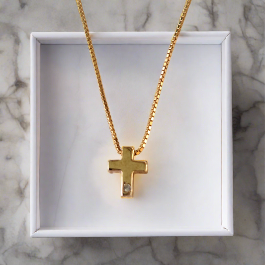 14K Gold cross with  one zirkon and chain