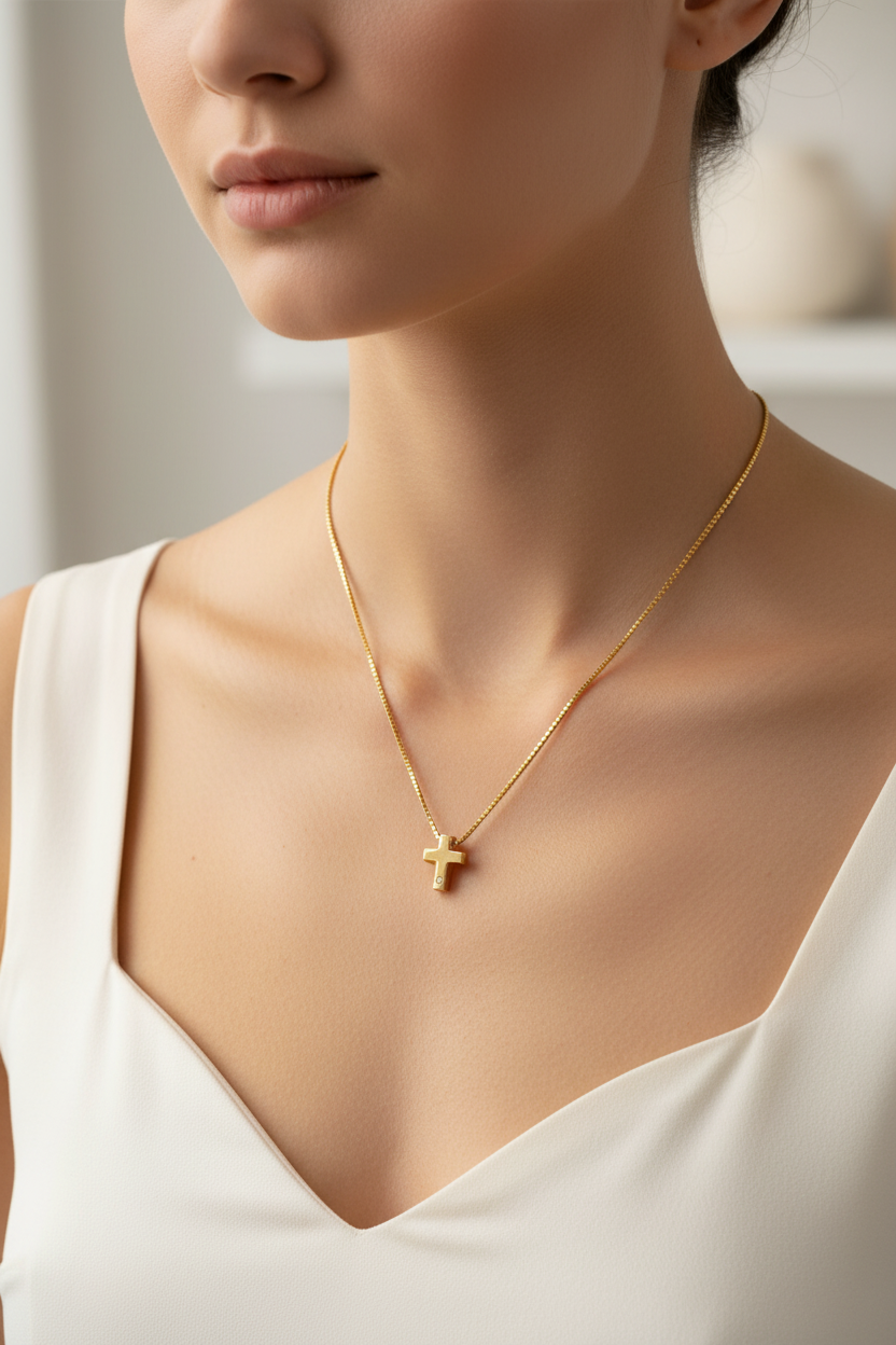 14K Gold tiny cross with zirkon - Katerina Roukouna