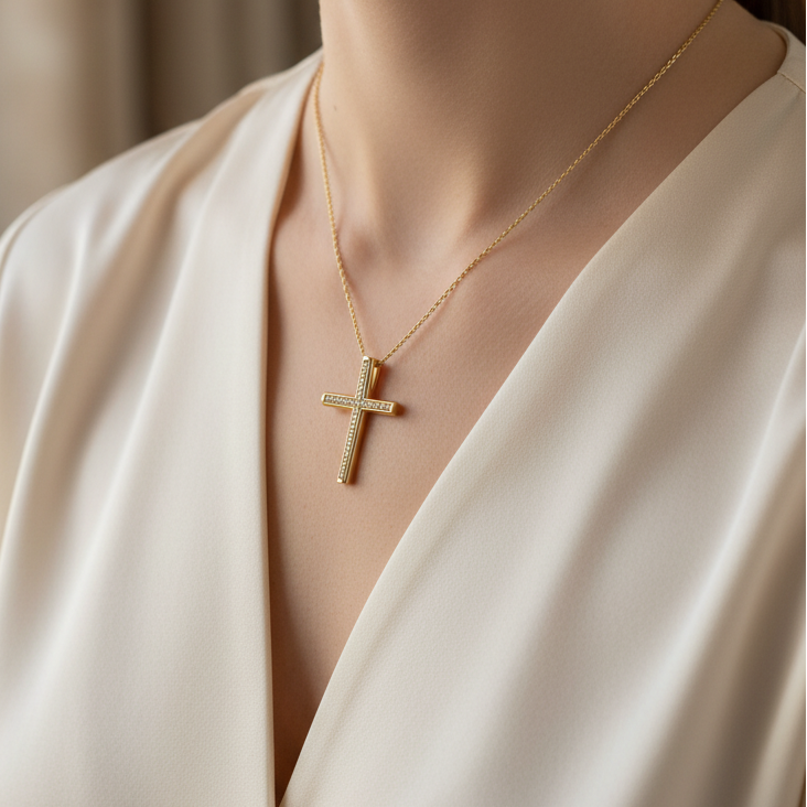 14Κ Gold Cross (round) wirh zirkons - Katerina Roukouna