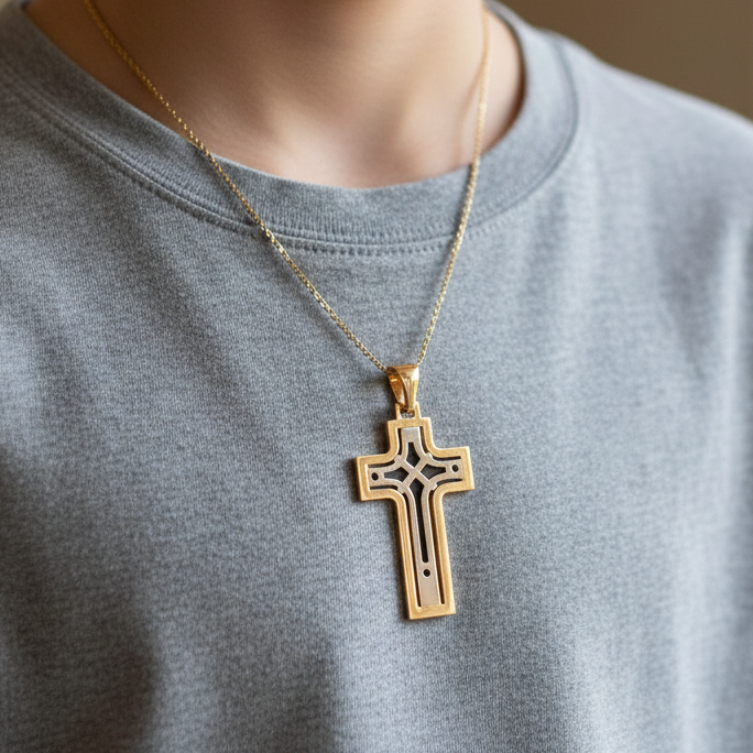 Gold cross pendant on a chain against a gray shirt background