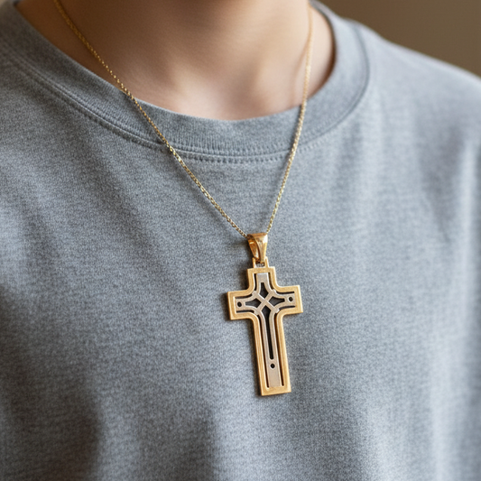 Gold cross pendant on a chain against a gray shirt background