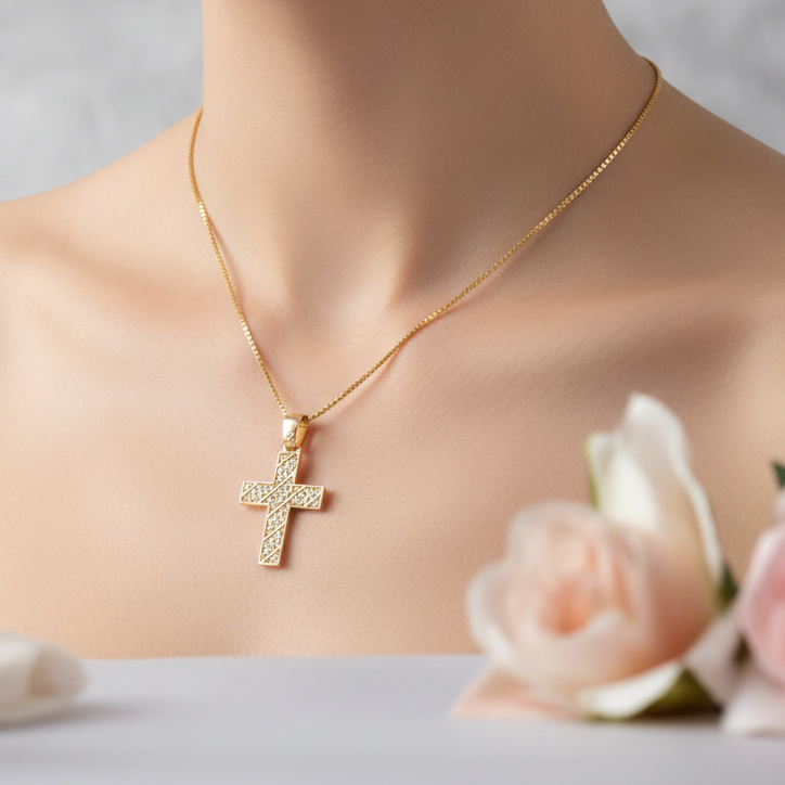 14K Yellow Gold Cross with zirkons -A - Katerina Roukouna