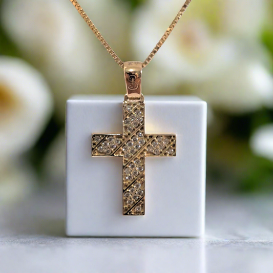 14K Yellow Gold Cross with zirkons -A