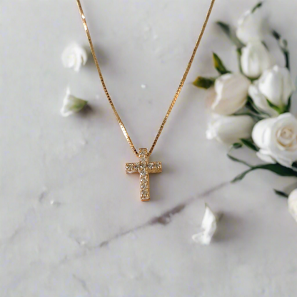 14K Gold tiny cross with zirkons - Katerina Roukouna
