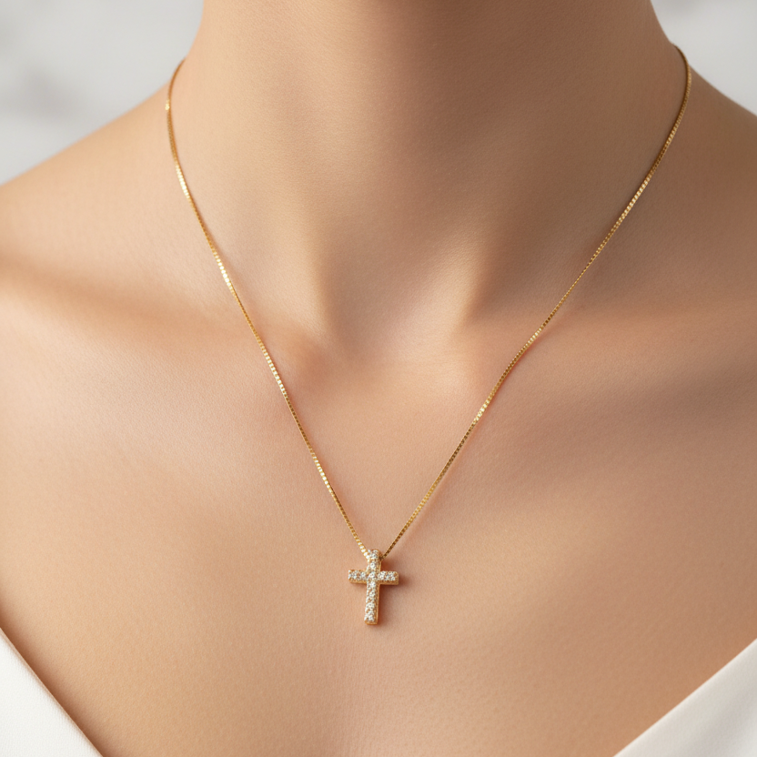 14K Gold tiny cross with zirkons - Katerina Roukouna