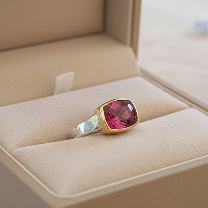 Handmade 18K and sterling silver ring with pink tourmaline