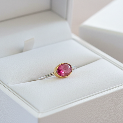Handmade 18K Gold and sterling silver ring with oval pink tourmaline - Katerina Roukouna
