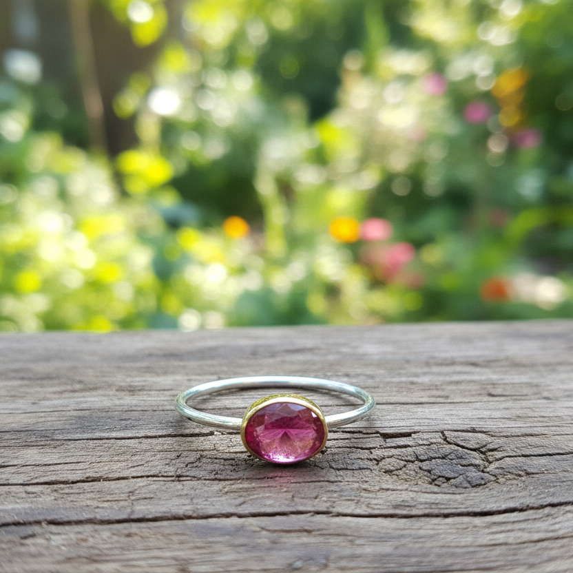 Handmade 18K Gold and sterling silver ring with oval pink tourmaline - Katerina Roukouna