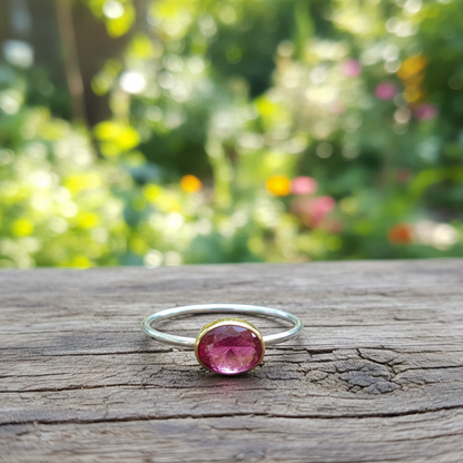 Handmade 18K Gold and sterling silver ring with oval pink tourmaline - Katerina Roukouna