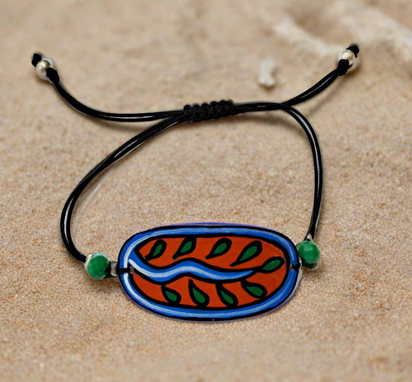 Handmade painted bracelet- blue , brown and green