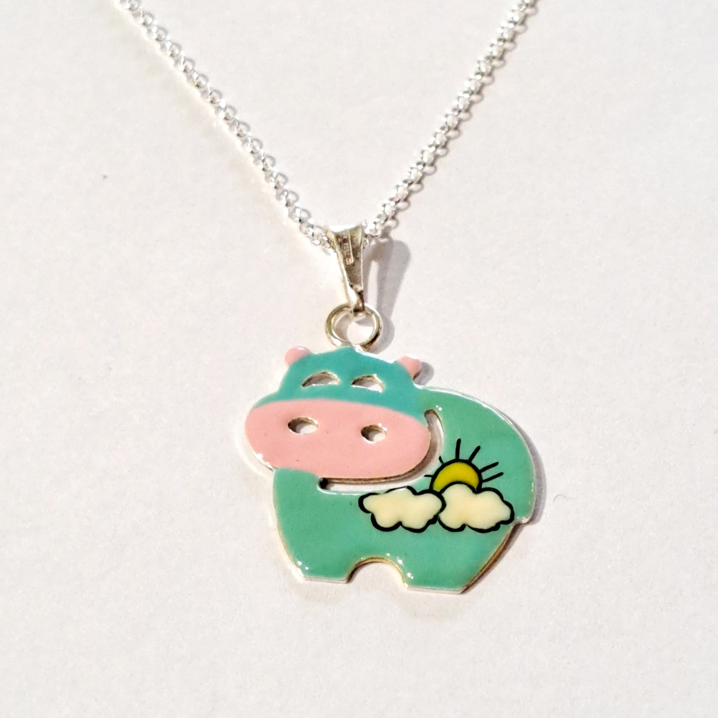 Hippopotamus painted with colors silver necklace