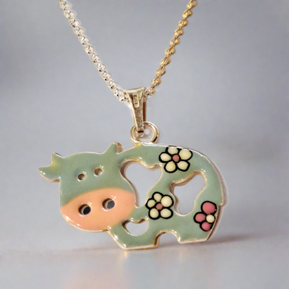 Sterling silver enamel painted cow, necklace