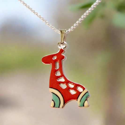 Giraffe, enamel painted sterling silver necklace