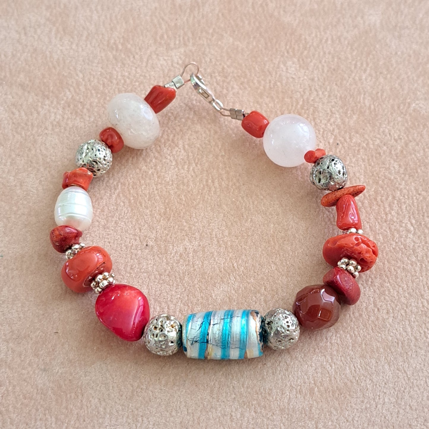 Bracelet with corals,quartz and sterling silver